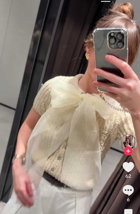 Нов трикотажен плетен топ с панделка от органза на Zara размер С