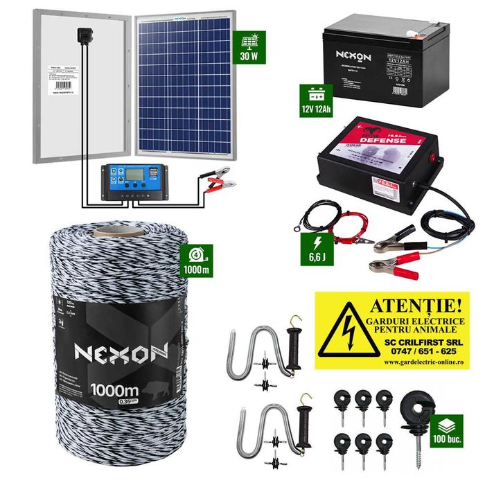 Pachet Gard Electric 6,6J + 1000m 120Kg + Panou 30W + Acumulator 12Ah