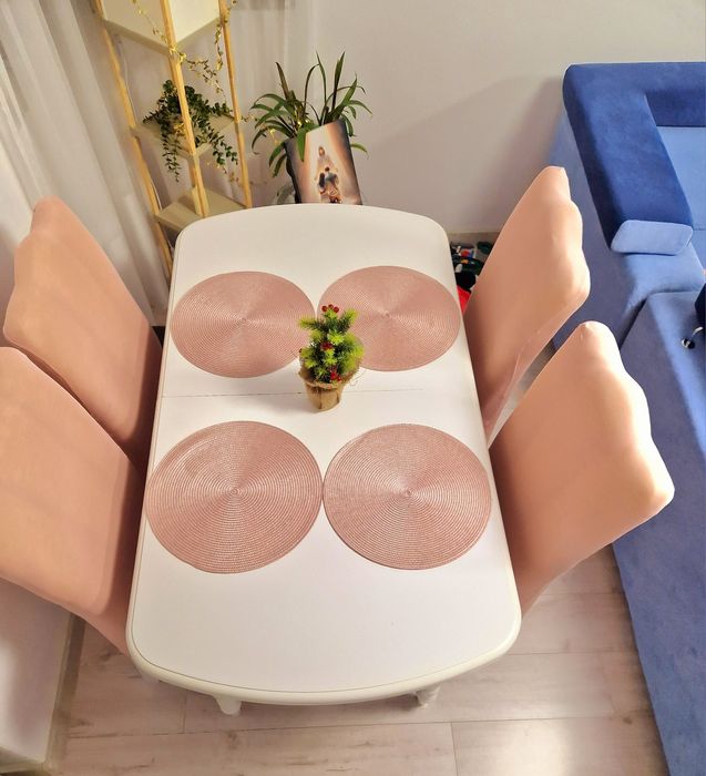 Masa, scaune, 6 huse roz pal 6 naporne roz pal