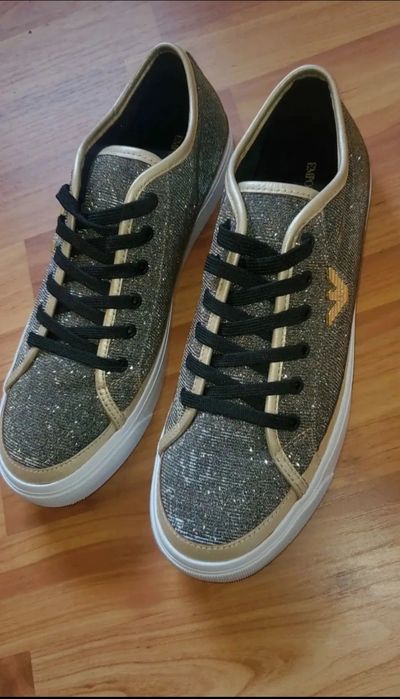 Emporio Armani Women's Black and Gold Trainers