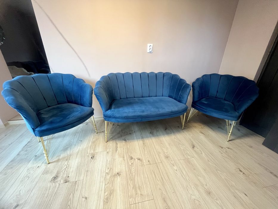 Set canapea cu doua fotolii din catifea albastru inchis