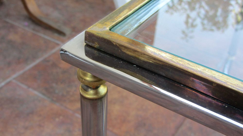 Masuta cafeavintage, alama,inox,sticla anii 70 patina, deosebita