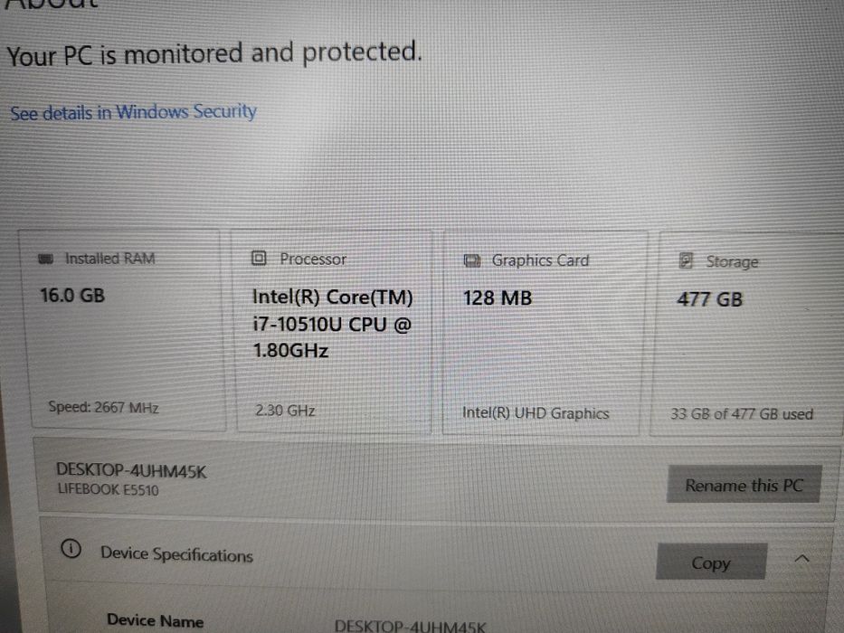 Laptop Fujitsu E5510 i7 gen 10 full HD  16gb RAM 512ssd