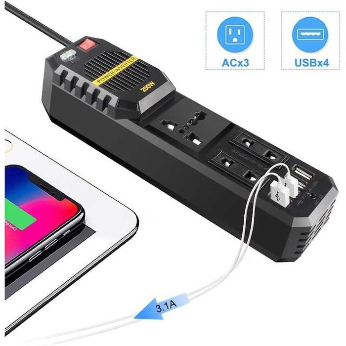 Invertor pentru auto și camping, 200W 12V-230V, cu 4 porturi USB, nou