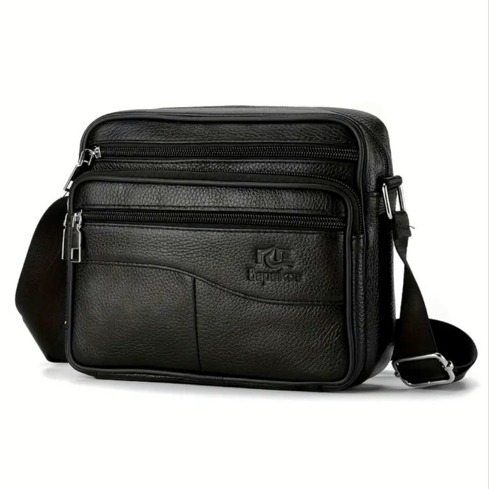 Мъжка обемна квадратна кожена чанта за рамо /Кафява и черна ест. кожа!