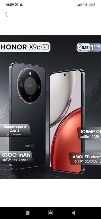 Yangi Honor X9b 5G, AMOLED ekran, 8300 mAh, 108MP kamera 1 yil kafolat