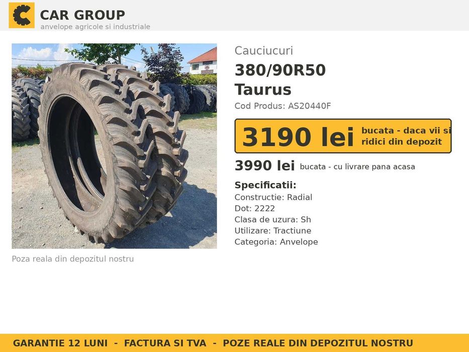 Anvelope Cauciucuri 380/90R50 380/90 R50 14.9R50 14.9-50 3809050 Taurus Prasitoare Tractor Roti Inguste SH Second Hand VERIFICATA Garantie 1 An
