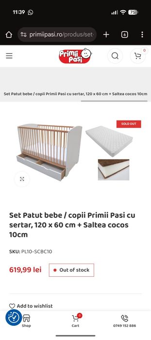 Pătuț bebe + saltea cocos – 120×60 cm – 350 lei