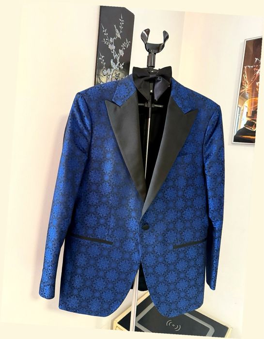 Sacou elegant bărbați Viggo Ceremony,albastru  floral,cu papion husă