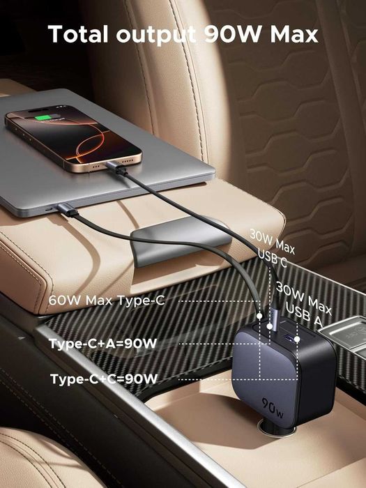 UGREEN 90W USB зарядно, с интегриран прибиращ се кабел