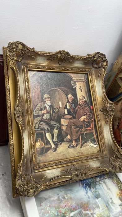 Tablou vintage cu ramă aurie sculptată – scenă rustică deosebită