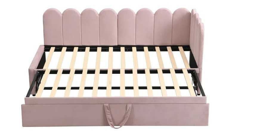 NOU Pat principal tapiterie catifea roz 140x200 cm pat extensibil 90x190 cm