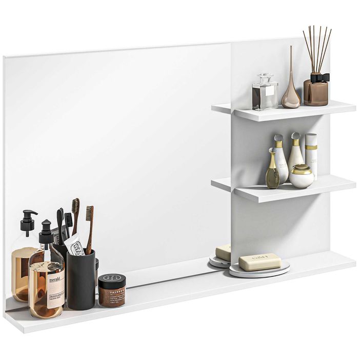 Oglinda de Baie cu Rafturi de Depozitare, Oglinda de Machiaj Dreptunghiulara Oglinda de Perete Suspendata, Alb , HOMCOM