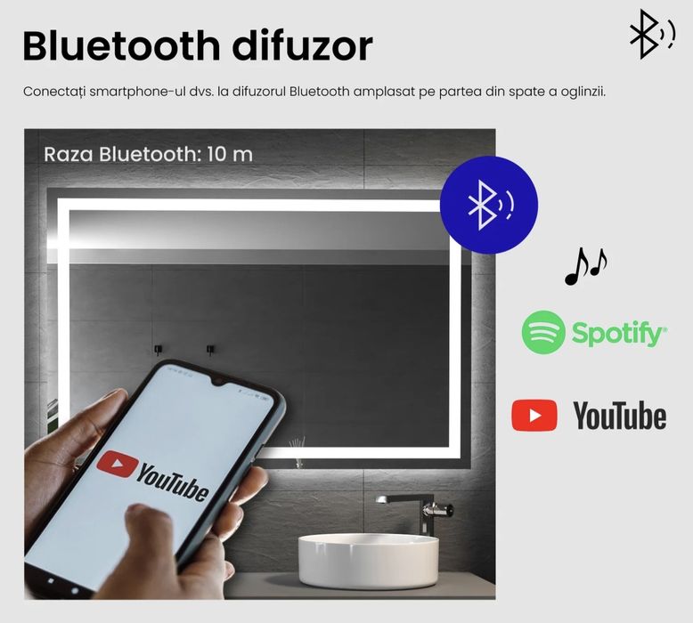Oglindă iluminată LED cu funcție Bluetooth