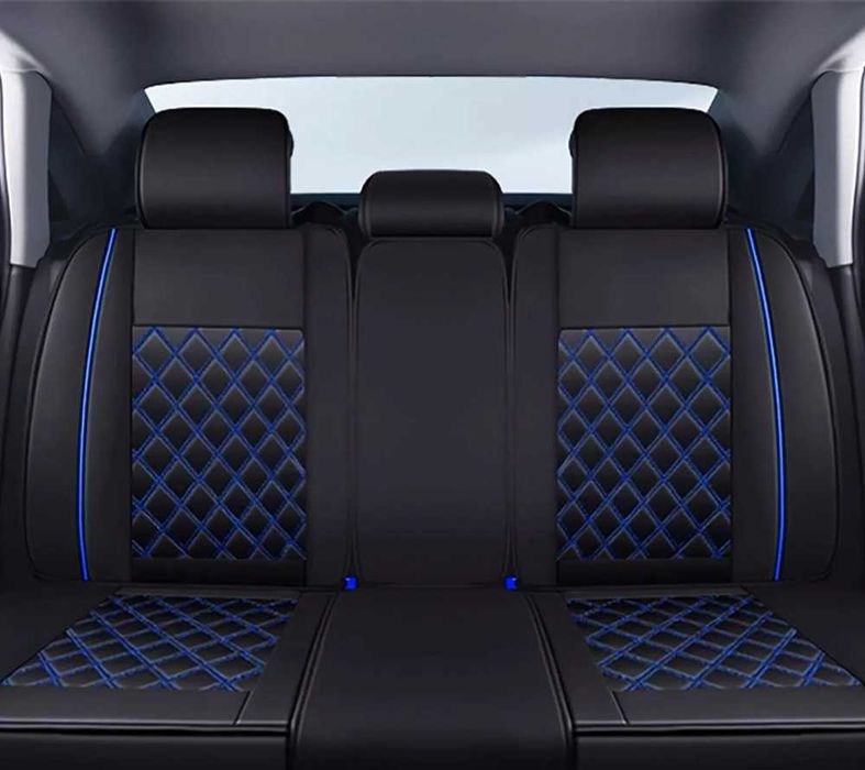 Комплект луксозна Кожена тапицерия за автомобил - Черен/Син шев.
