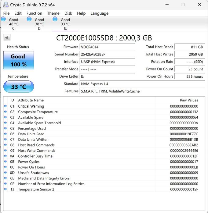 SSD 2TB NVMe 2280 Crucial E100