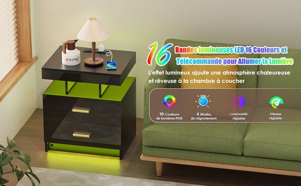 Промоция!Нощно шкафче с 2бр,чекмеджета и 16 цвята RGB LED/2 AC контакта, 2 USB порта