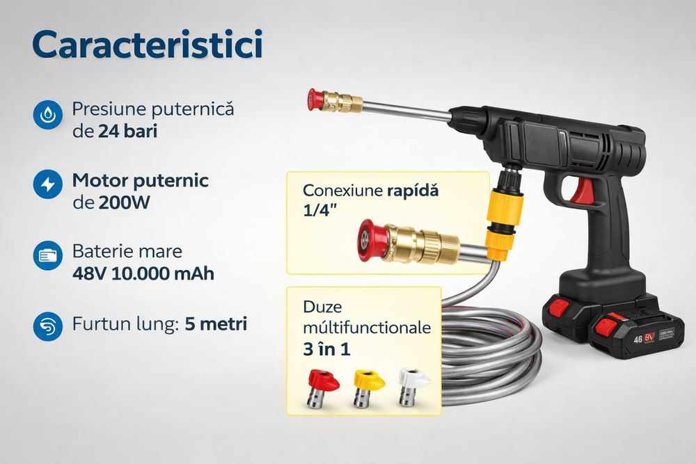 Pistol presiune fara fir Flinke 48V furtun 5m 24 bar curatare