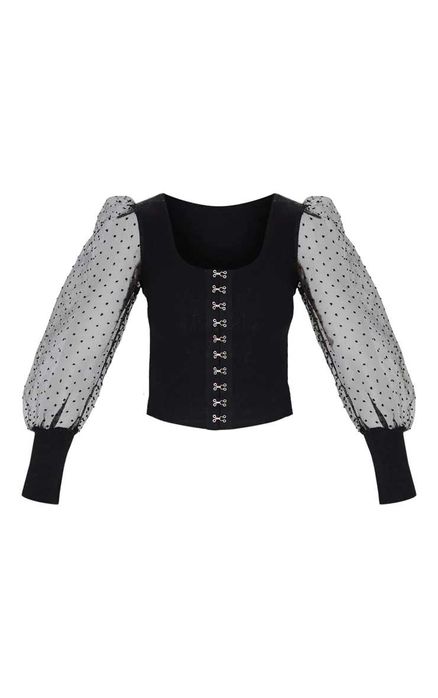 PrettyLittleThing черен топ тип корсет с органза ръкави XS