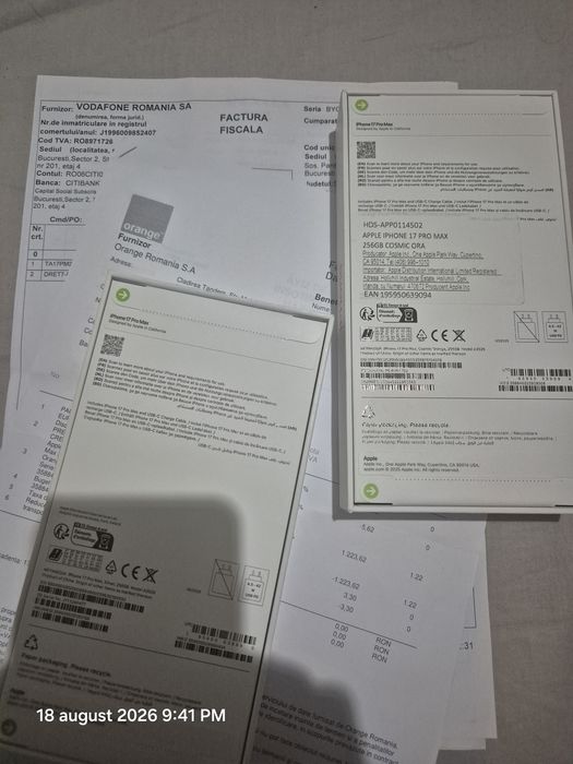 Iphone 17 Pro Max 256gb - Sigilat - Liber de rețea - Orange/Silver - Factura