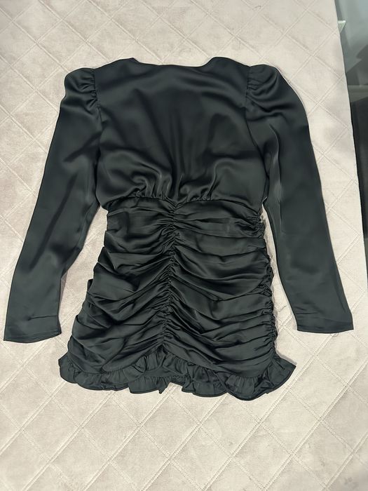 Официална дамска черна рокля с дълъг ръкав и набори, S размер