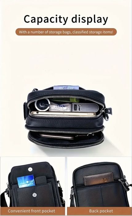 Мъжка изискана кожена чантичка /Черна с широко приложение -10%Промоция