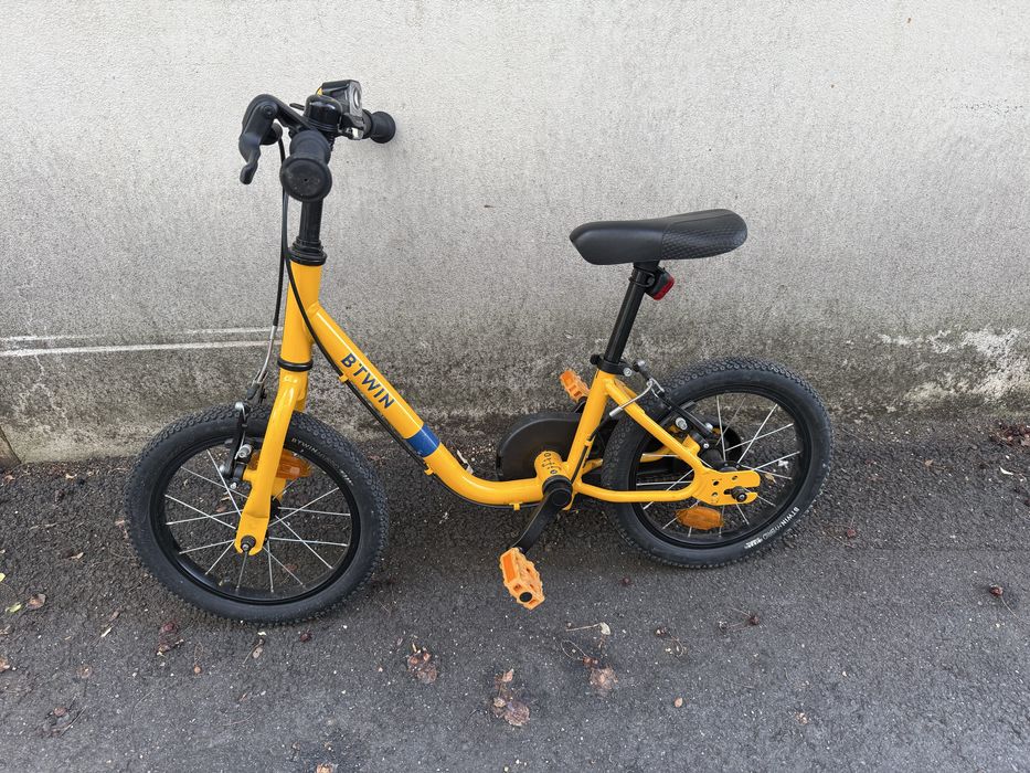 Bicicleta copii Btwin 2 in 1 Discover 500 14” galben copii 90-110 cmm
