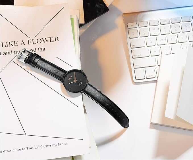 Мъжки минималистичен часовник черен циферблат розово злато