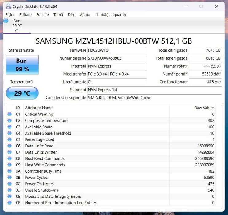 SSD 512GB SAMSUNG MZVL4512HBLU M.2 2280 NVME PCIE Gen. 4x4, ca nou!