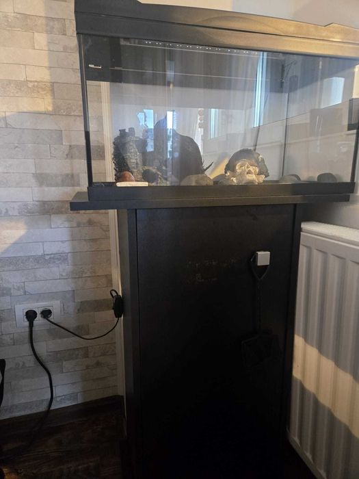 Vând set complet acvariu de 80 de litri împreună cu stativ din lemn, ambele în stare foarte bună, fără fisuri, zgârieturi majore sau defecte.