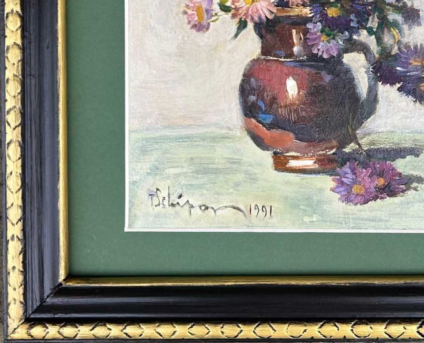 Toader Schipor- Tablou 1991 Vas cu Flori Ochiul Boului, pictura ulei