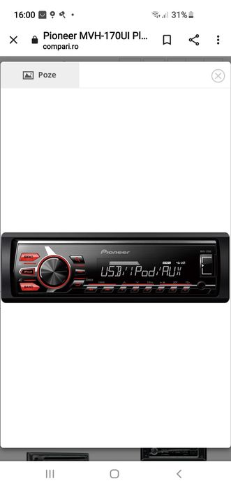 Radio MP3 Player auto Pioneer MVH-170UI, 4x50W, USB, AUX, Iesire Subwo