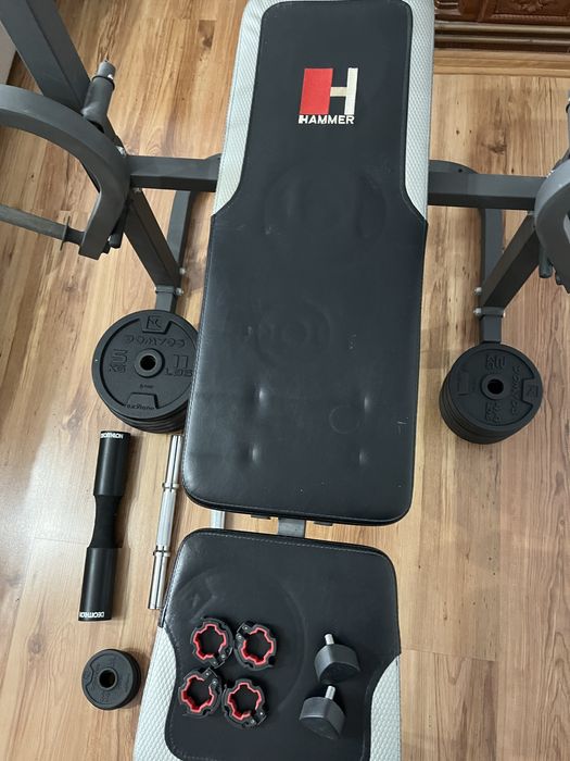 Set FITNESS - Bancă HAMMER + discuri fontă 48kg + bare