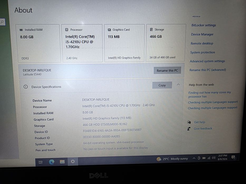 Laptop DELL  I5 DDR 8G Hdd 500G