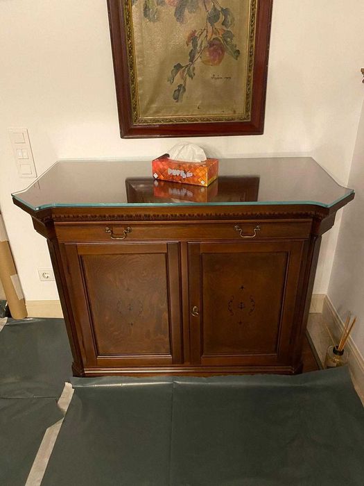 Set mobilier clasic lemn masiv:  masă + bufet + 6 scaune + cărucior