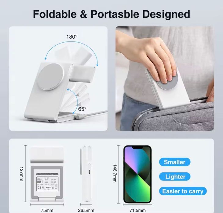 3 в 1 Магнитна безжична станция за зареждане 20 W за iPhone 15/14/13/12, Apple Watch, AirPods-цвят черен