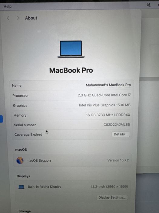 Macbook pro i7 512/12 model A2251 13inch
