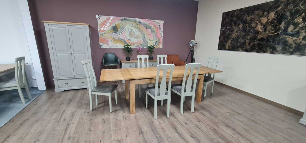 ПРОМОЦИЯ! Нова дървена разтегателна трапезна маса от дъб с шест стола