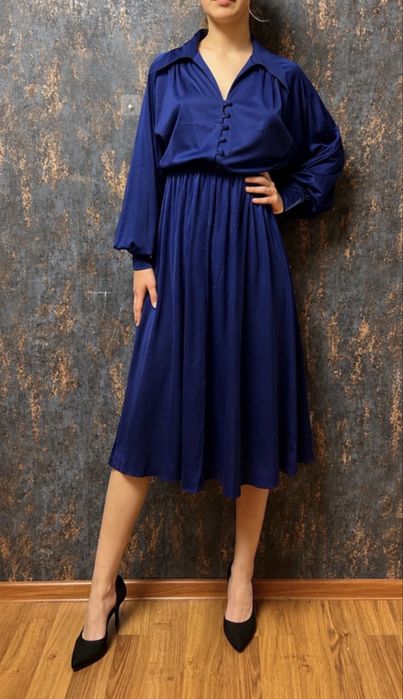 Rochie Vintage Lirelle Albastru Cobalt Midi | Guler Cămașă | Mâneci Bufante | M