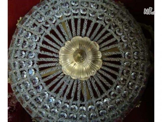 Plafoniera franceza Empire cu elemente din sticla cristaliza și bronzu