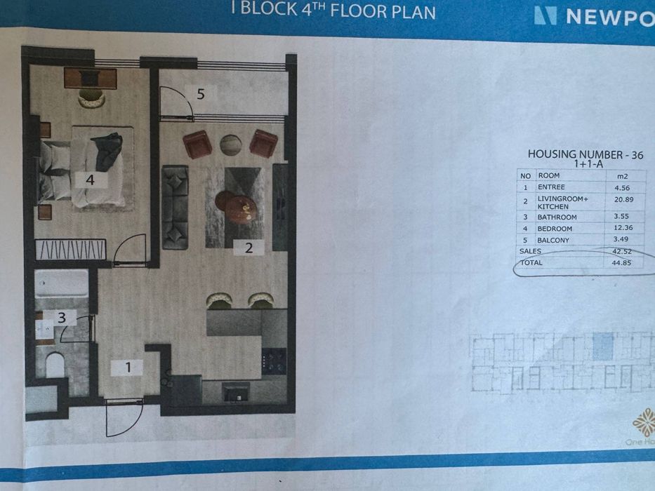 ЖК NewPoort , евродвушка 2-х комнатная ,  44м2