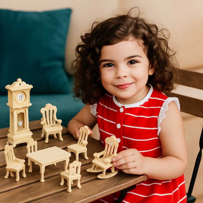 Set mobilier din lemn casa papusi 34 piese miniaturi DIY pt. asamblat