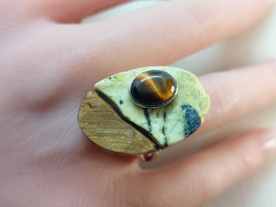 Inel argint (testat) ochi de tigru + jasp galben