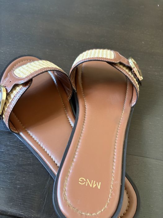 Sandale slapi Mango rafie cu piele camel maro marimea 39