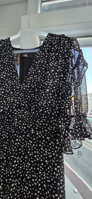 Rochie midi evazata, cajual, negru, cu buline crem, 38 - 40