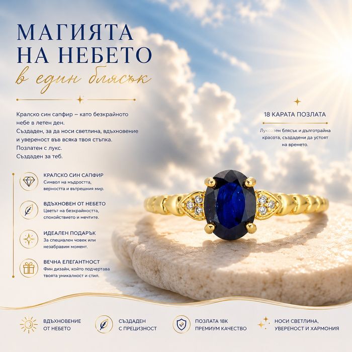 Сребърен пръстен сърца с натурален Сапфир Royal Blue 2.29 карата от Шри Ланка, 18К позлата и сертификат