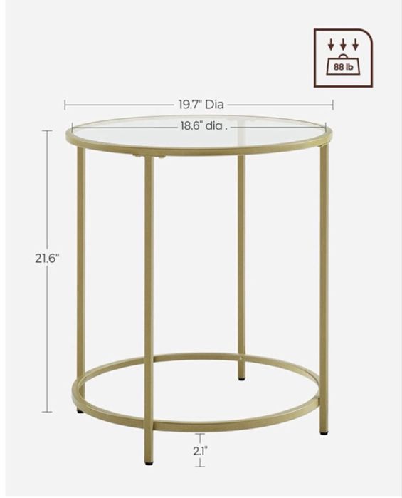 Masa rotunda, din sticla securizata cu cadru de otel, noptiera, 50x50x55cm, auriu