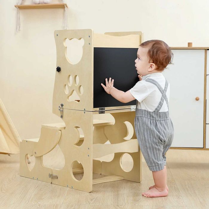 Помощна кула Монтесори за кухня, дървена кула за дете, Learning Tower, стъпало до плота