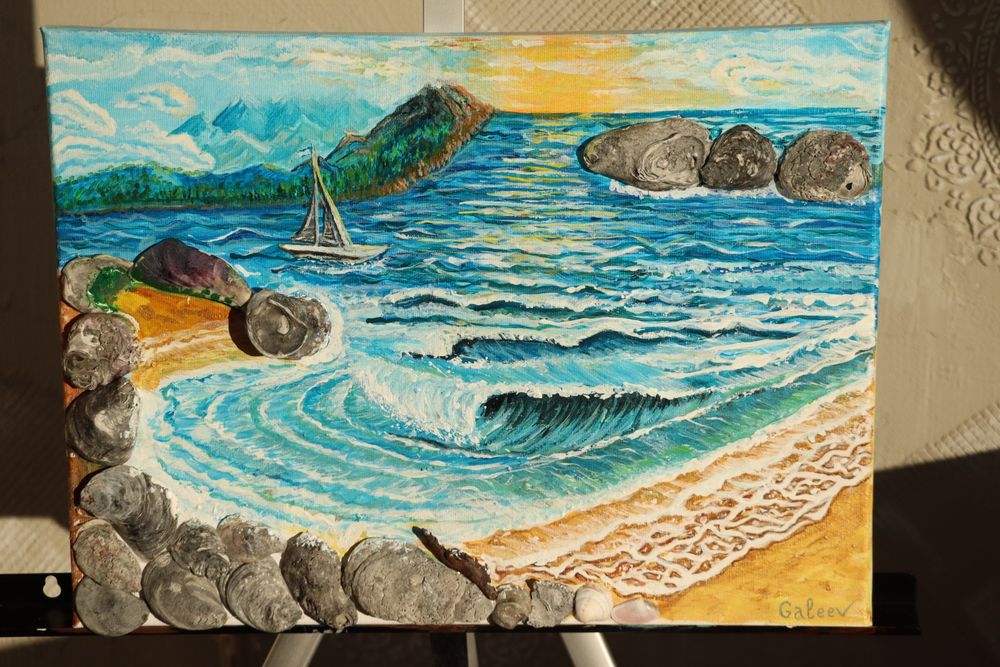 Акрилна картина „Морски бряг“ – 3D ефект с истински миди 40×30.