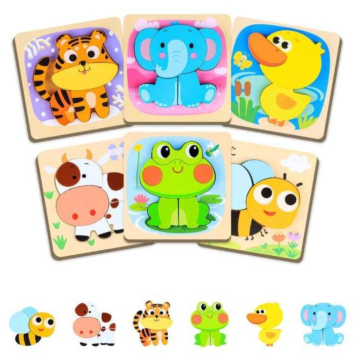 Puzzle-uri din lemn cu animale (Montessori, set de 6)